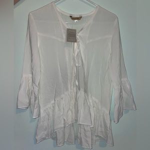 White Tie-front Ruffle Trim Blouse